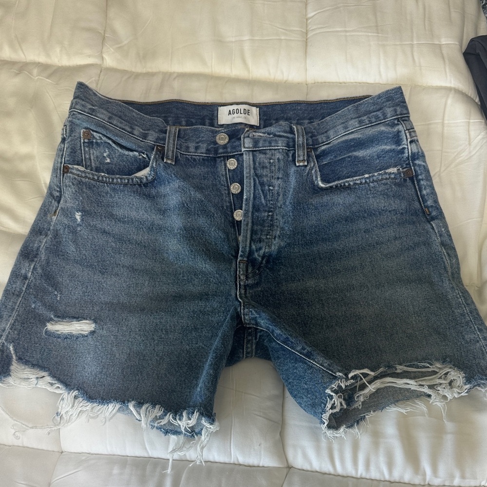 Agolde Parker Raw Hem Distressed Denim Shorts in Blue Wash